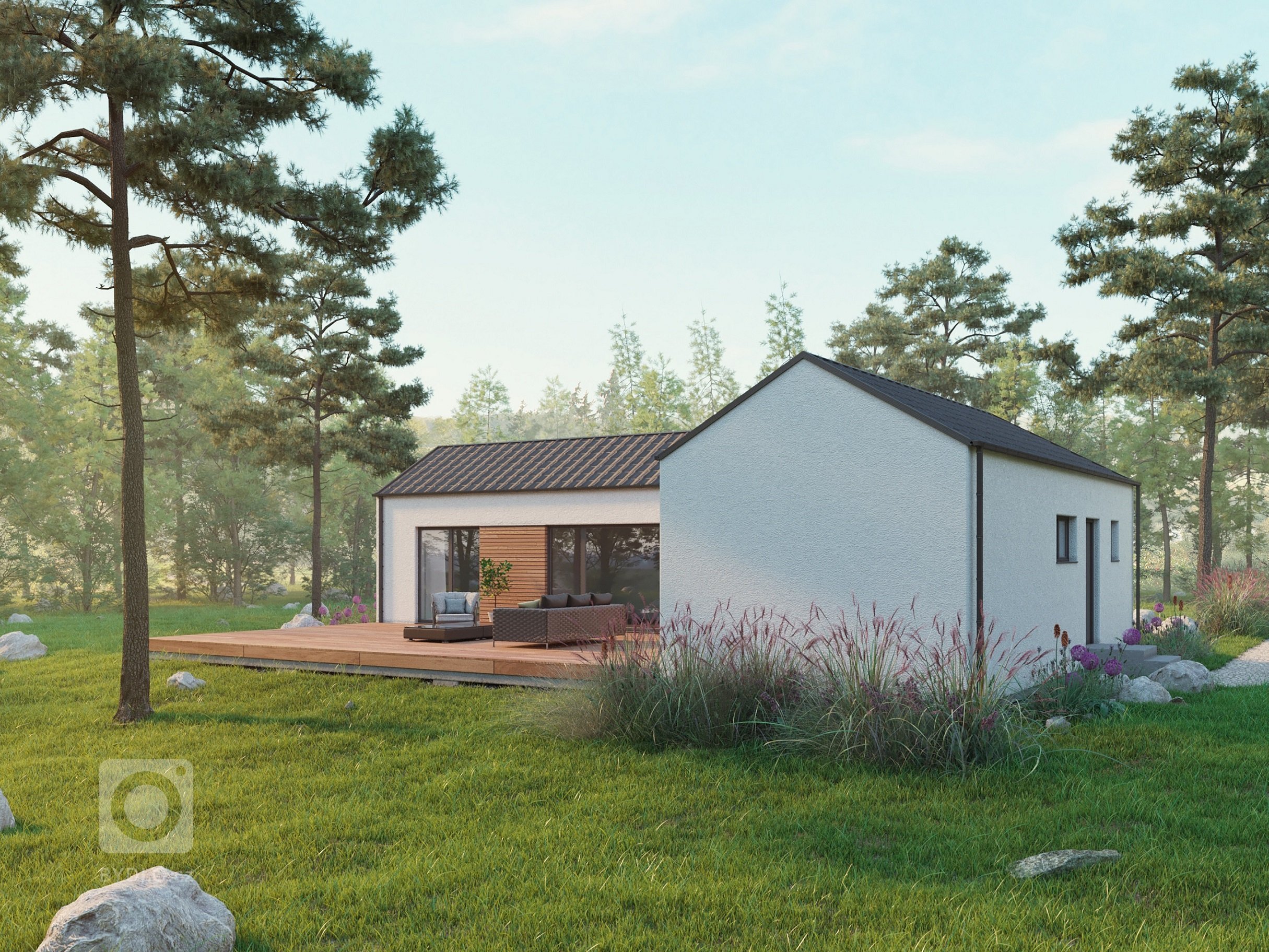 Oblíbená dvoumodulová dřevostavba s půdorysem do tvaru L může být vystavěna přímo v místě pozemku zákazníka či v případě pozemku vhodného pro usazení modulů…