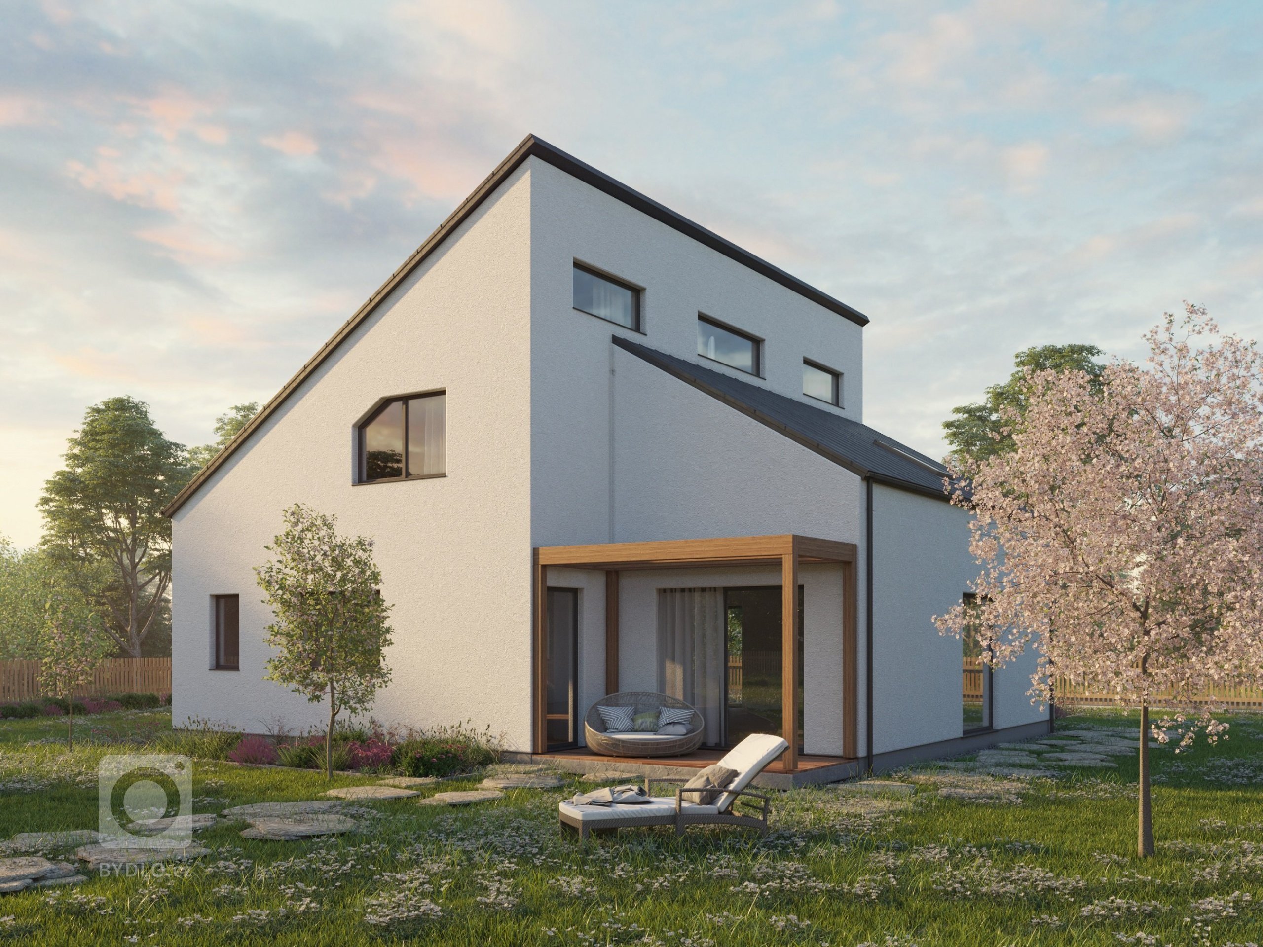 Patrová dřevostavba navržená v difuzně otevřené konstrukci. Prostorný dům je vhodný pro čtyř až pětičlennou rodinu. V&nbsp;přízemí se nachází velký obývací…