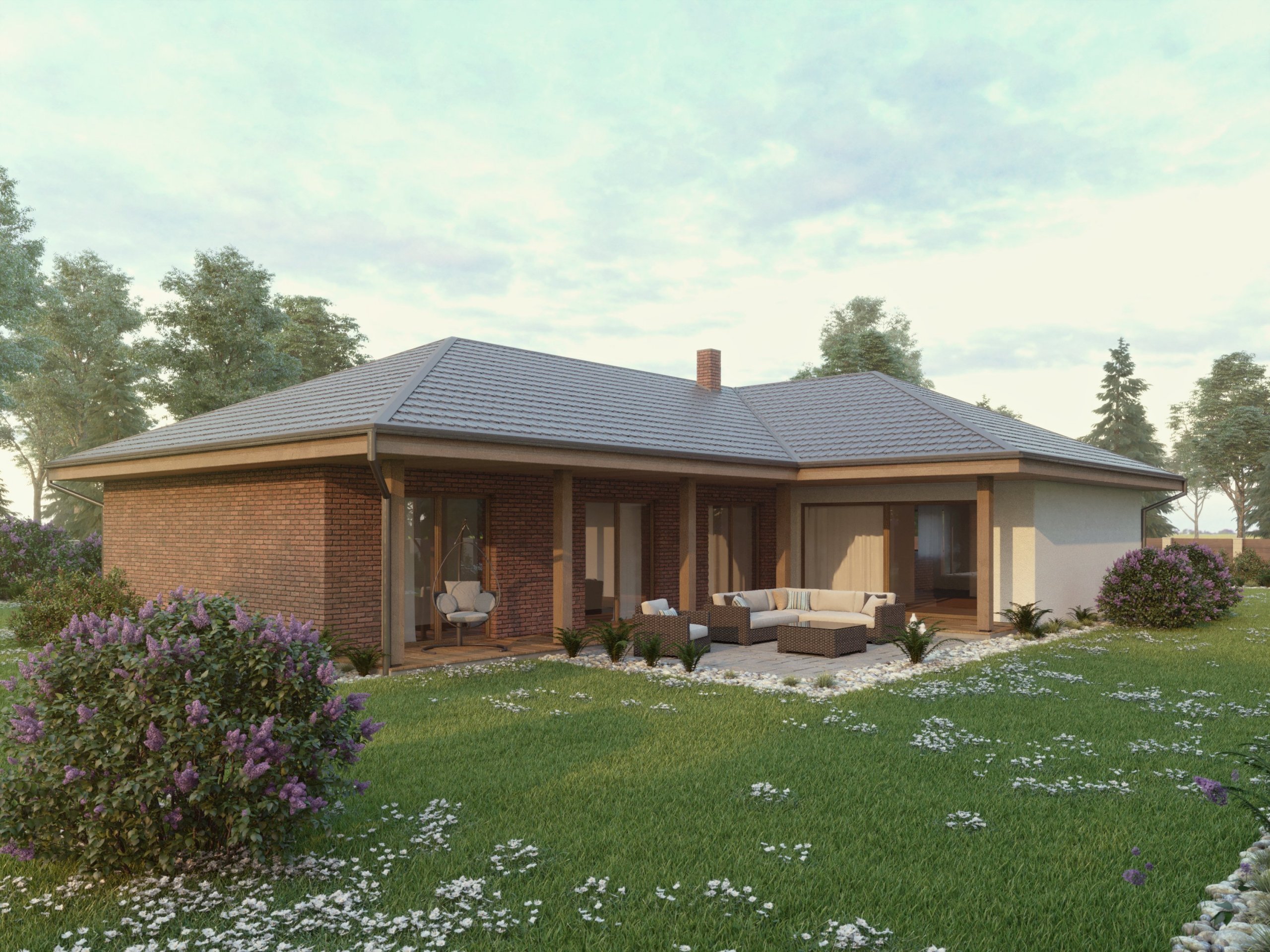 Moderní bungalov o dispozicích 5+kk s velkou terasou a saunou. Dominantou je prostorný obývací pokoj s kuchyňským koutem s velkou prosklenou plochou (HS portál…