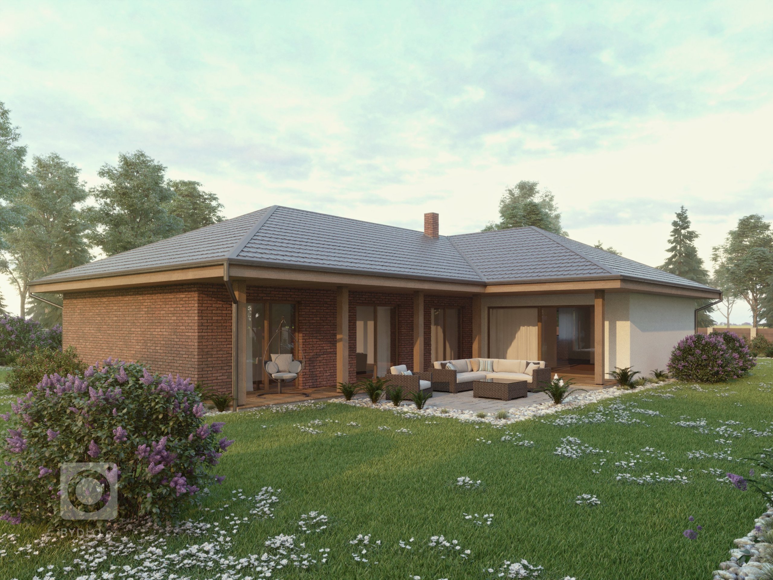 Moderní bungalov o dispozicích 5+kk s velkou terasou a saunou. Dominantou je prostorný obývací pokoj s kuchyňským koutem s velkou prosklenou plochou (HS portál…