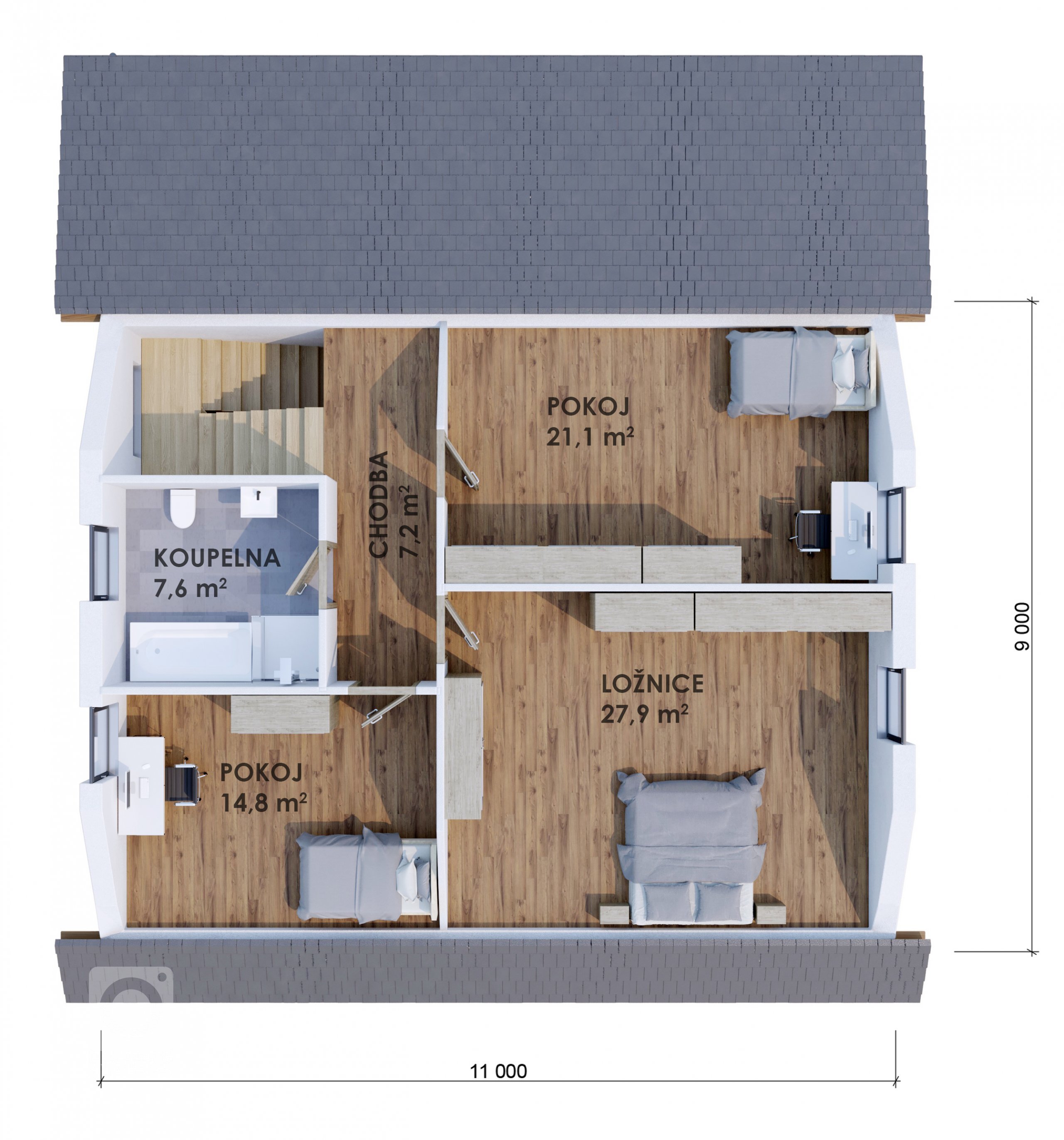 Prostorná a dispozičně velmi efektivně řešená dřevostavba do patra. Dominantou je velký obývací pokoj, doplněný koupelnou a samostatným WC. V patře se nachází…