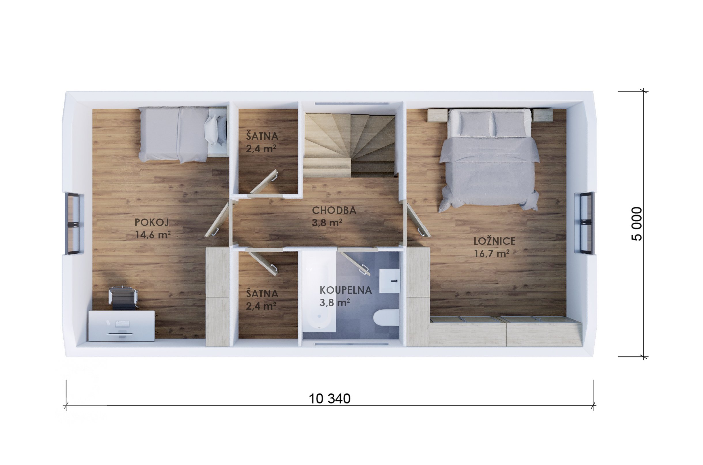 Menší patrová dřevostavba je efektivním řešením menšího pozemku a přesto větší užitné plochy. Přízemí i horní patro mají svoji koupenu. V patře se nachází…