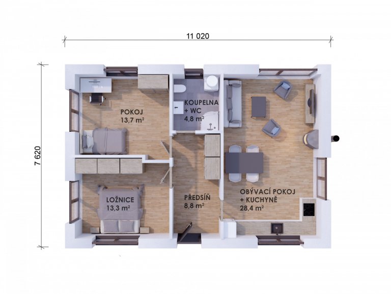 Představujeme vám jednoduchou stavbu se sedlovou střechou vycházející z oblíbené typové dřevostavby Easy 69. Zvětšené místnosti poskytují dostatečný prostor…