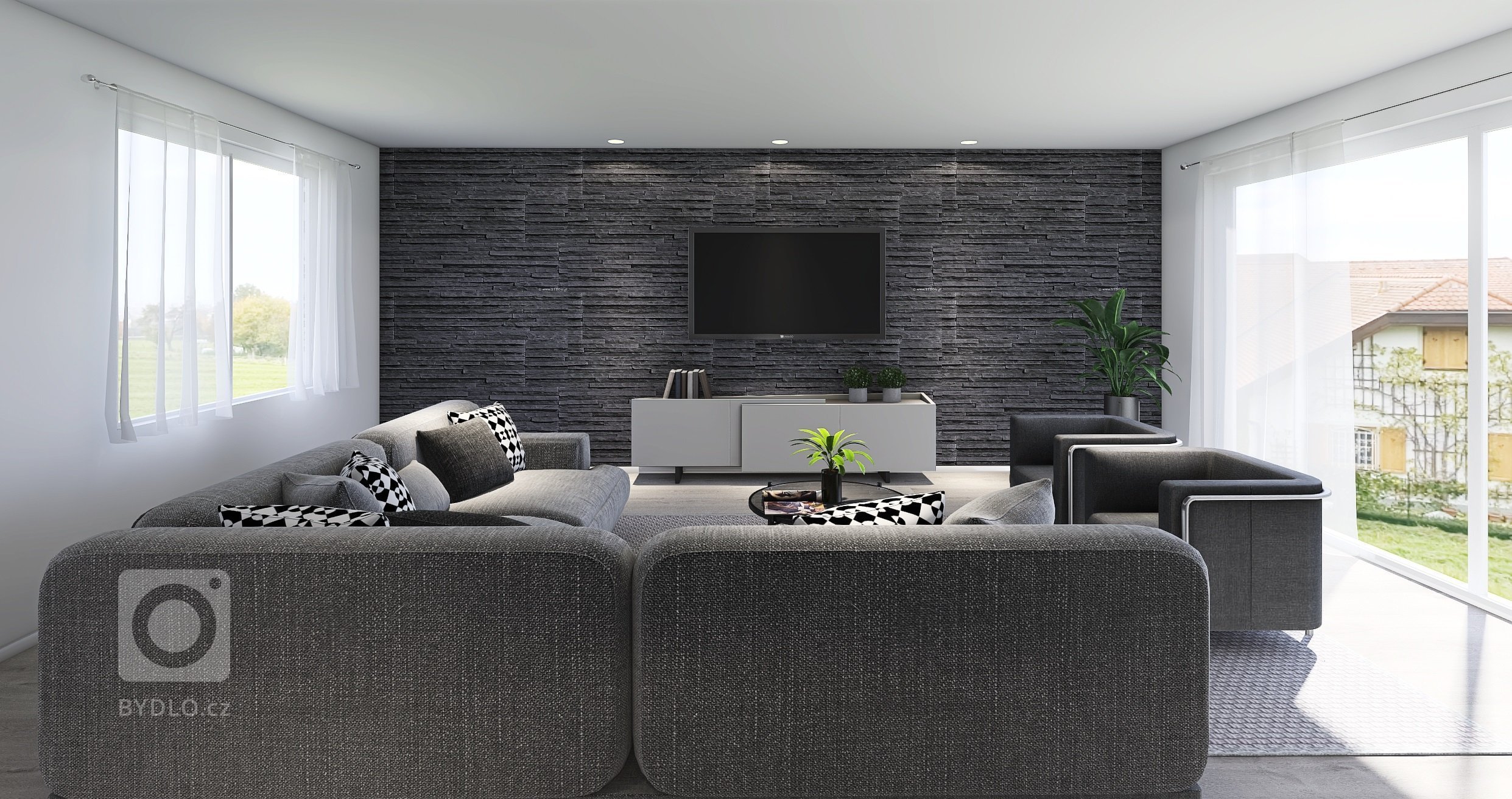 Moderní bungalov o dispozicích 5+kk s velkou terasou a saunou. Dominantou je prostorný obývací pokoj s kuchyňským koutem s velkou prosklenou plochou (HS portál…