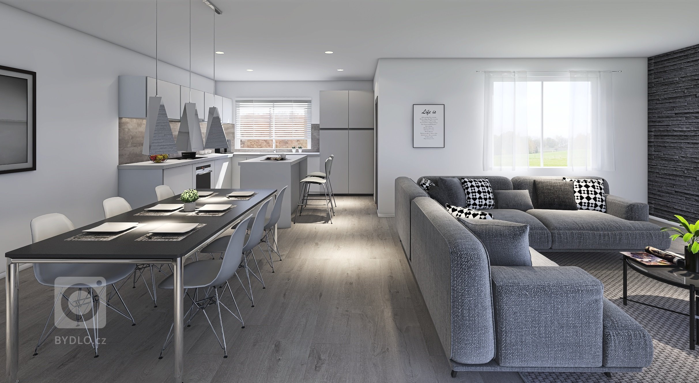 Moderní bungalov o dispozicích 5+kk s velkou terasou a saunou. Dominantou je prostorný obývací pokoj s kuchyňským koutem s velkou prosklenou plochou (HS portál…