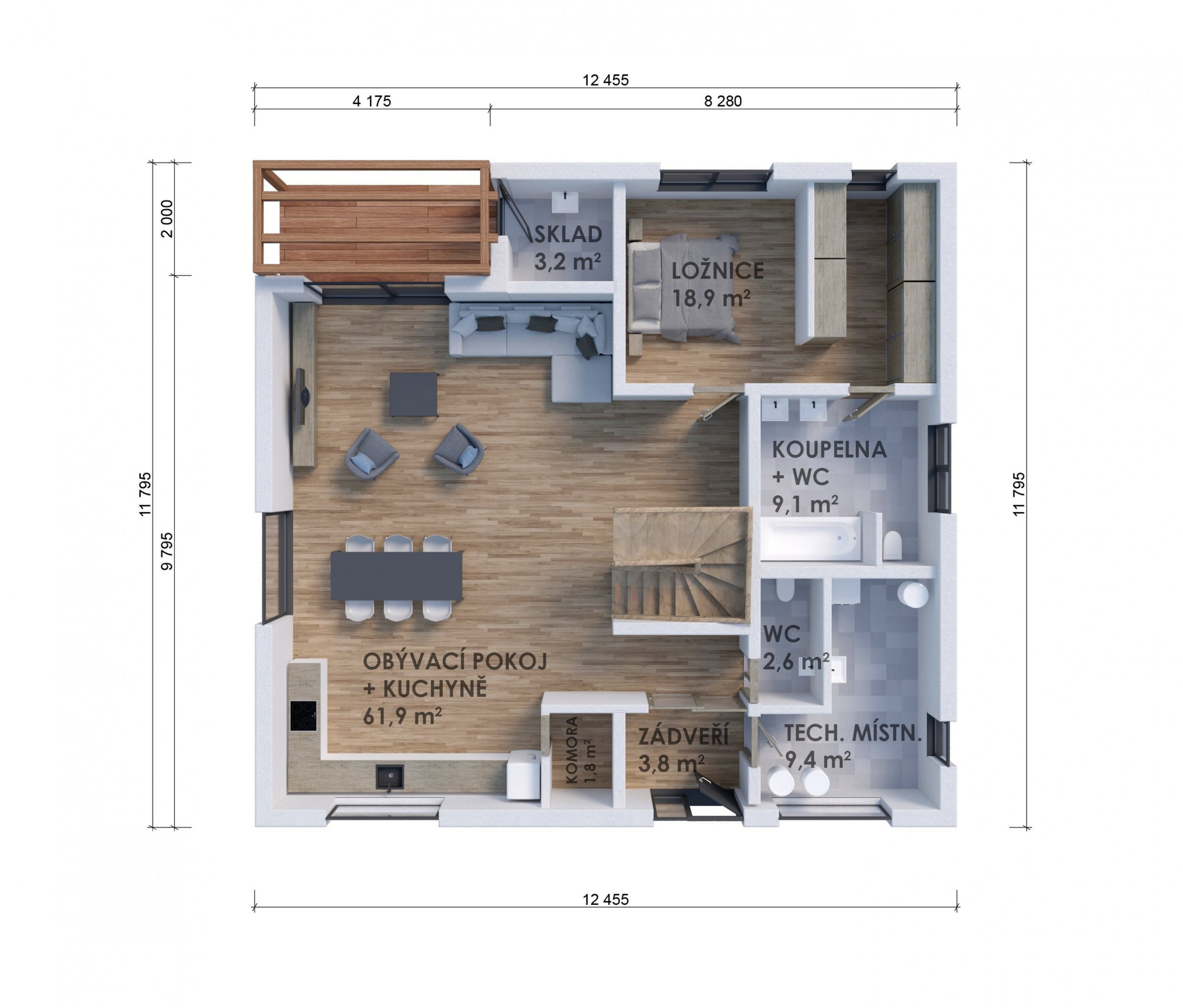 Patrová dřevostavba navržená v difuzně otevřené konstrukci. Prostorný dům je vhodný pro čtyř až pětičlennou rodinu. V&nbsp;přízemí se nachází velký obývací…