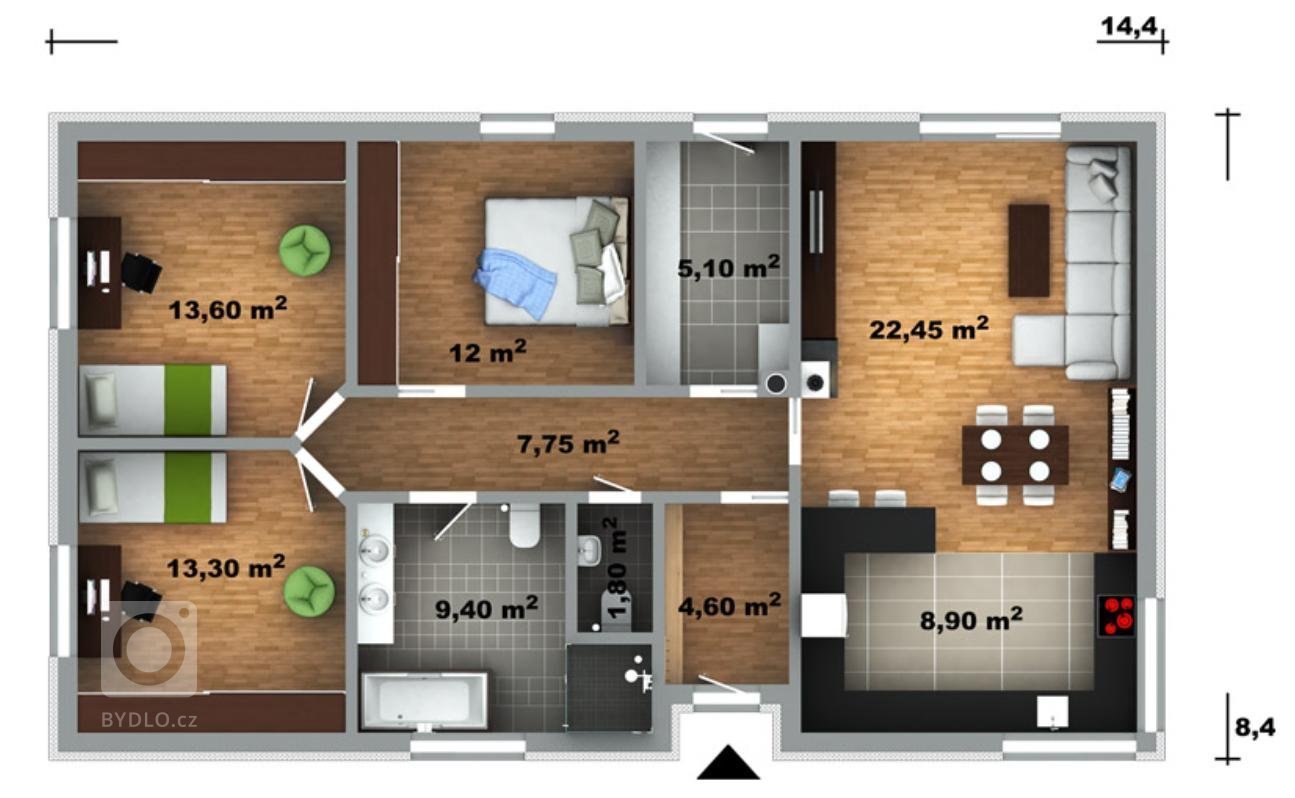 Velmi oblíbený dům typu bungalov s dispozicí 4+KK. Užitná plocha&nbsp;98,79 m2 vystačí i pro rodinu s dvěma dětmi, případně pro manžele, kteří potřebují čas od…