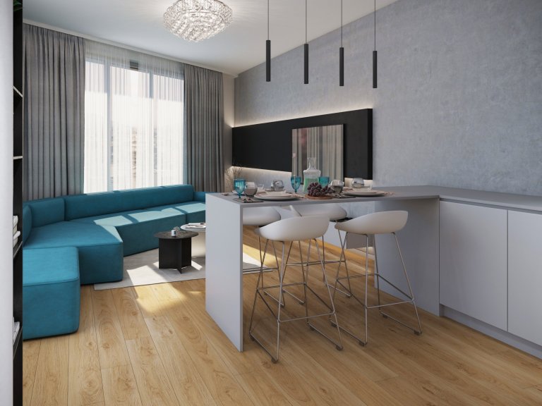 Kuchyňa s obývačkou v SKY PARKU , stavba navrhnutá ZAHA HADID.&nbsp;

interiér pre aktívného klienta s dominanciou minimalistického prevedenia s výraznou…