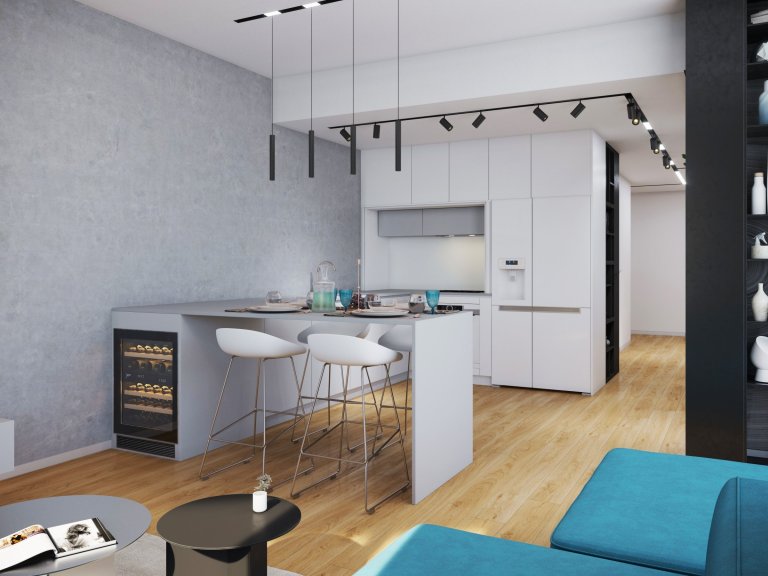 Kuchyňa s obývačkou v SKY PARKU , stavba navrhnutá ZAHA HADID.&nbsp;

interiér pre aktívného klienta s dominanciou minimalistického prevedenia s výraznou…