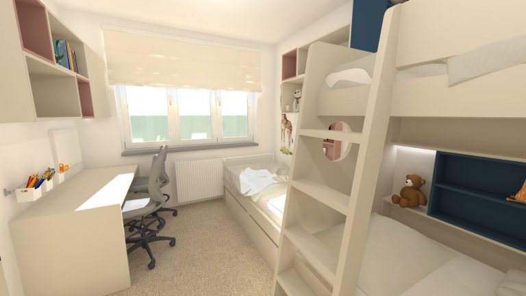 Návrh dětského pokoje pro tři děti. Pokoj není příliš velký a musely se vejít&nbsp;tři postele, úložné&nbsp;prostory na oblečení a&nbsp;hračky&nbsp;a také…