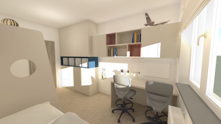 Návrh dětského pokoje pro tři děti. Pokoj není příliš velký a musely se vejít&nbsp;tři postele, úložné&nbsp;prostory na oblečení a&nbsp;hračky&nbsp;a také…