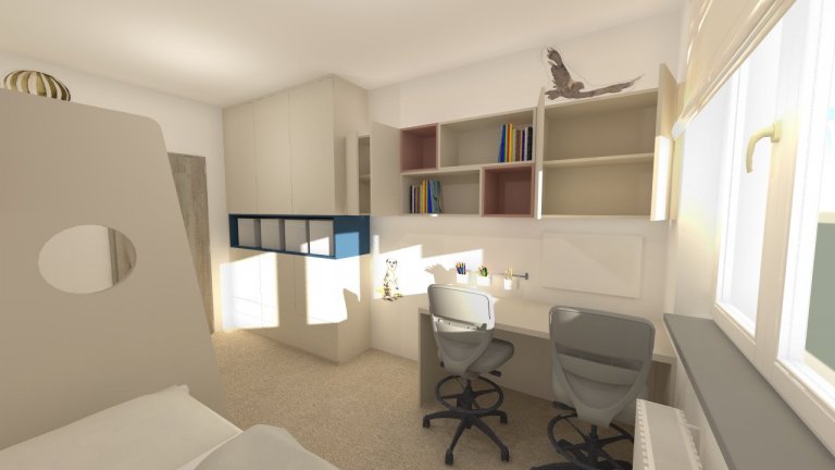 Návrh dětského pokoje pro tři děti. Pokoj není příliš velký a musely se vejít&nbsp;tři postele, úložné&nbsp;prostory na oblečení a&nbsp;hračky&nbsp;a také…