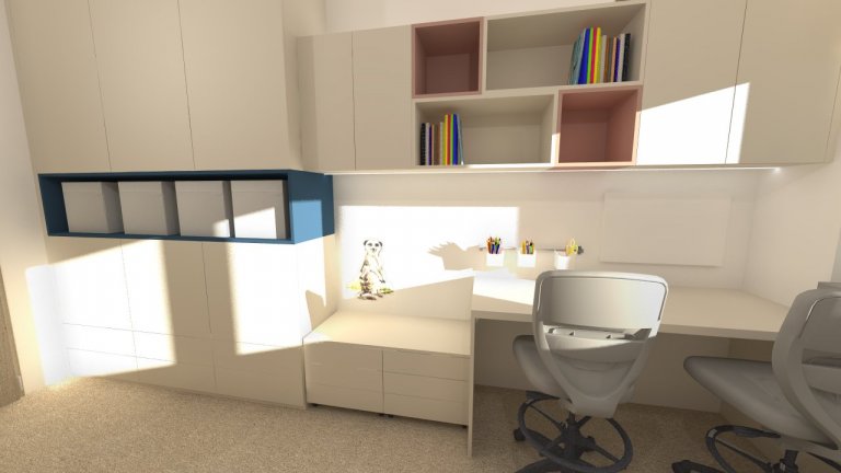 Návrh dětského pokoje pro tři děti. Pokoj není příliš velký a musely se vejít&nbsp;tři postele, úložné&nbsp;prostory na oblečení a&nbsp;hračky&nbsp;a také…