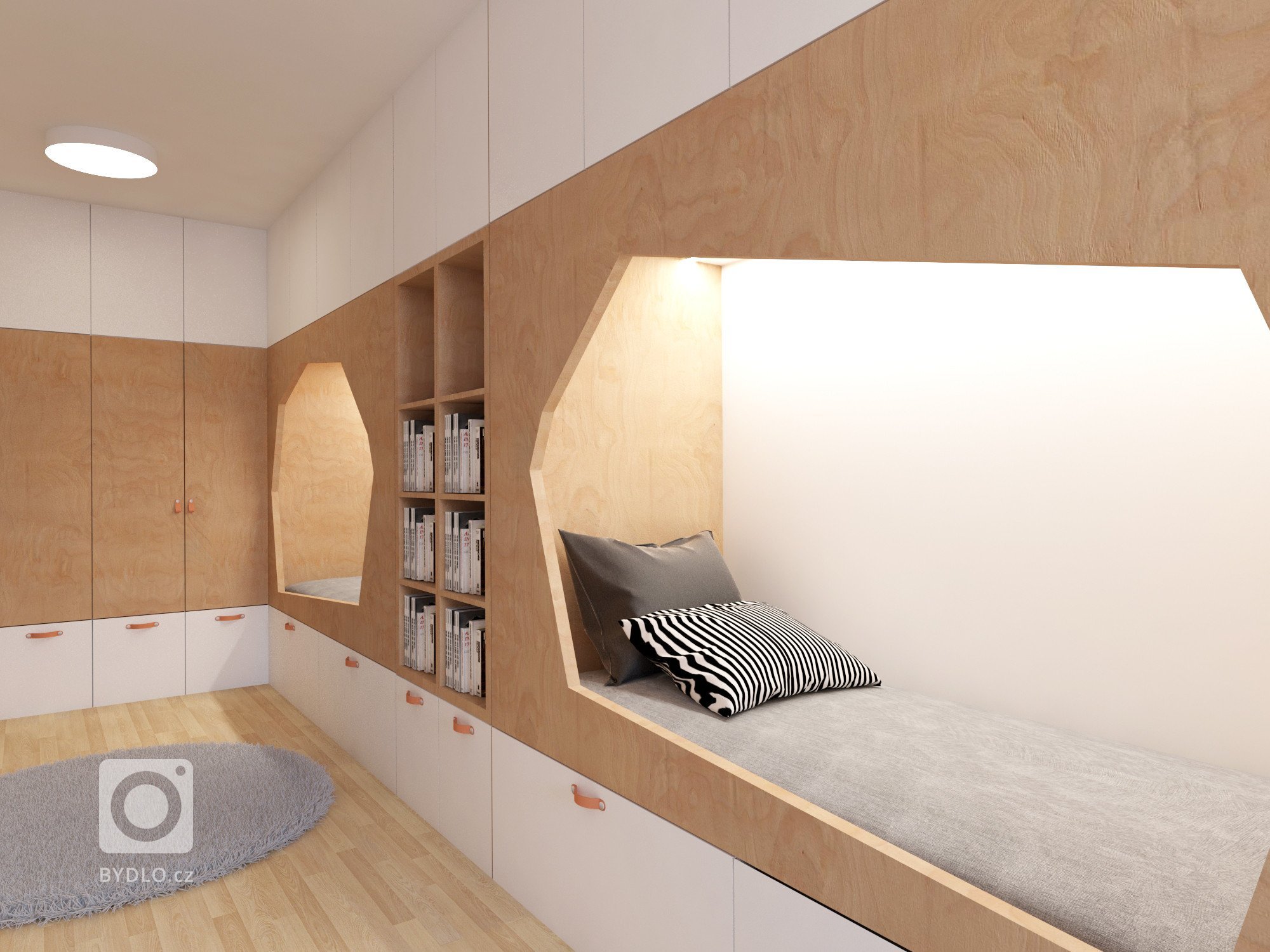 Návrh dětského pokoje pro dva malé kluky. Každý chtěl své soukromí, které mu bylo dopřáno formou &quot;bunkru&quot;, zároveň vznikl dostatek úložných prostor,…