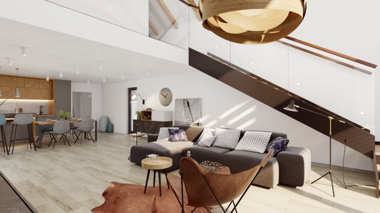 Hlavní obytný prostor je srdce domova, právě proto jej s klienty tvoříme nejčastěji. Tento je v domě na malé vesnici, s klasickou sedlovou střechou, zvenku…