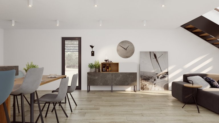 Hlavní obytný prostor je srdce domova, právě proto jej s klienty tvoříme nejčastěji. Tento je v domě na malé vesnici, s klasickou sedlovou střechou, zvenku…