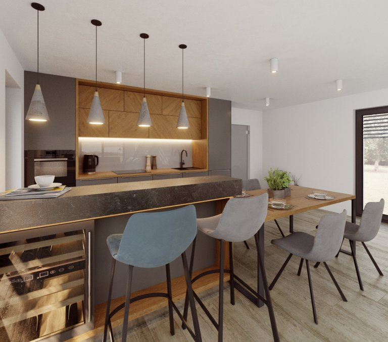 Hlavní obytný prostor je srdce domova, právě proto jej s klienty tvoříme nejčastěji. Tento je v domě na malé vesnici, s klasickou sedlovou střechou, zvenku…