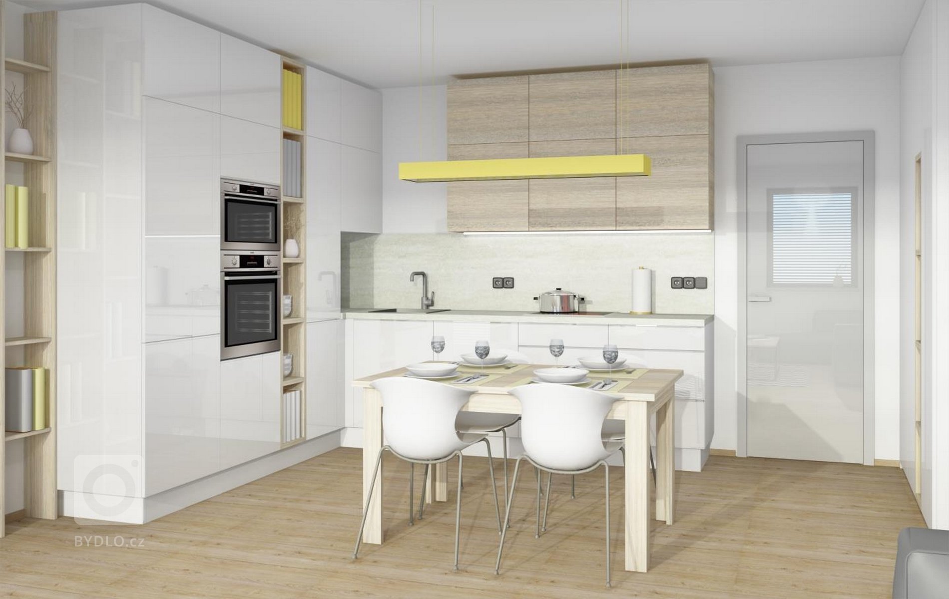 Kuchyňská linka spojená s obývacím pokojem v novostavbě o dispozici 2+kk. Kombinace bílého laku a dřeviny v podob dubu chamoniex.
