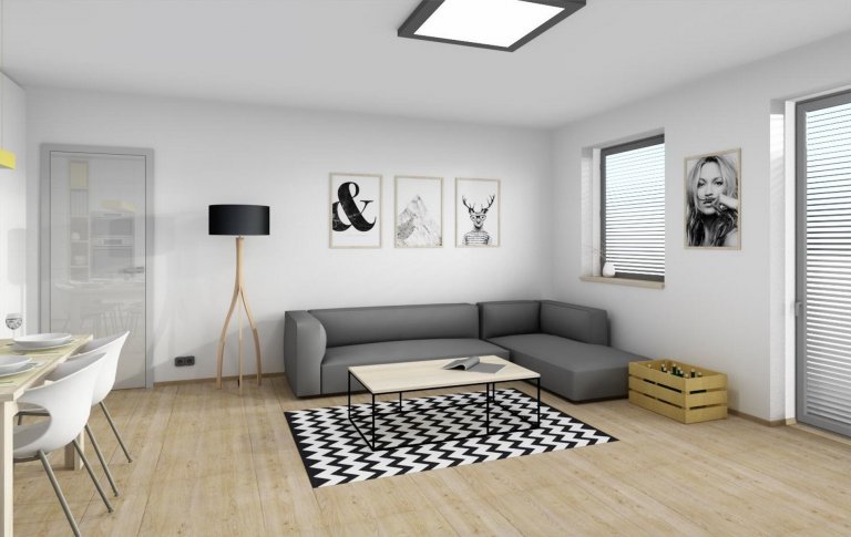 Kuchyňská linka spojená s obývacím pokojem v novostavbě o dispozici 2+kk. Kombinace bílého laku a dřeviny v podob dubu chamoniex.

