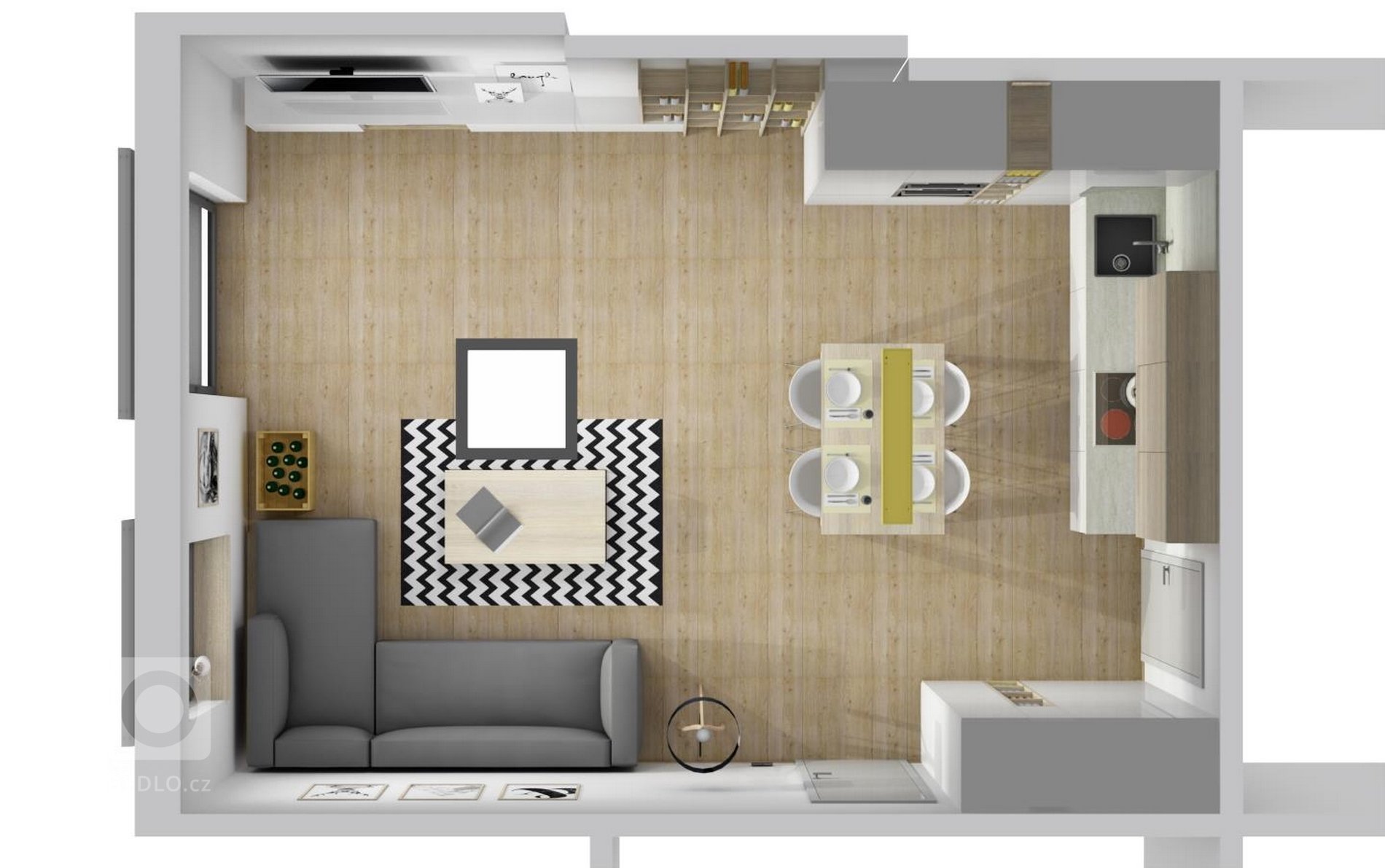Kuchyňská linka spojená s obývacím pokojem v novostavbě o dispozici 2+kk. Kombinace bílého laku a dřeviny v podob dubu chamoniex.
