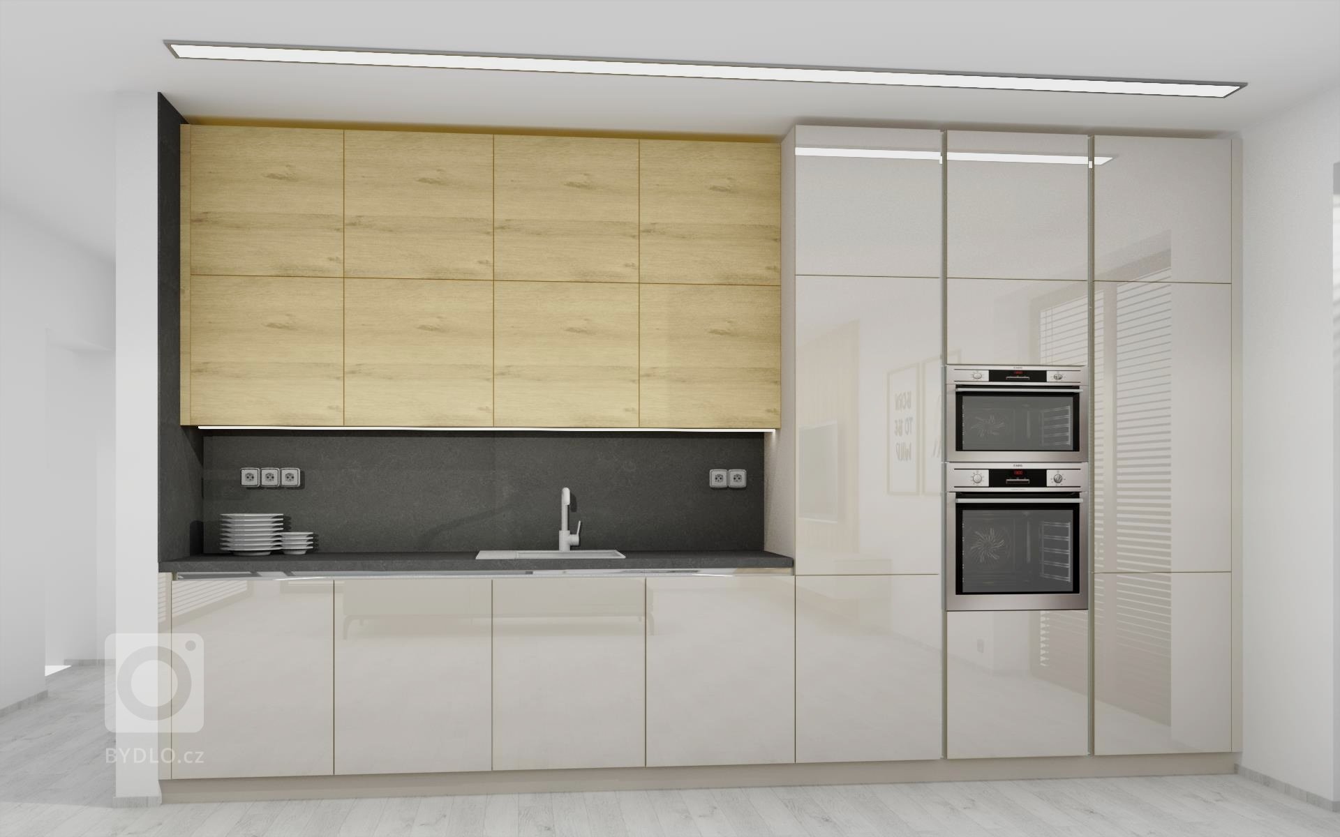 Ukázka zpracované vizualizace interiéru vybaveného dle INTERIOR CONCEPTU HANÁK. Kuchyňská linka ELITE sladěná s obývacím pokojem v kombinaci laku champagne a…