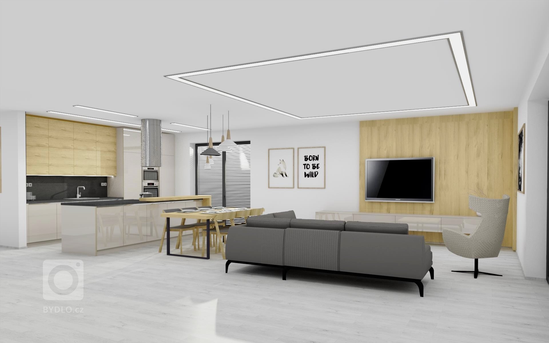 Ukázka zpracované vizualizace interiéru vybaveného dle INTERIOR CONCEPTU HANÁK. Kuchyňská linka ELITE sladěná s obývacím pokojem v kombinaci laku champagne a…