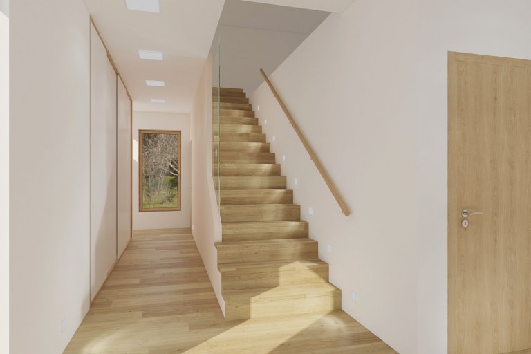 Schodiště je nasvětleno bodovými světly pro lepší orientaci v noci a částečné prosklení dodá vzdušnost.