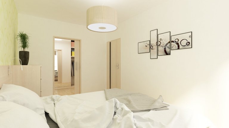 Jednoduchá moderní ložnice s šatnou.