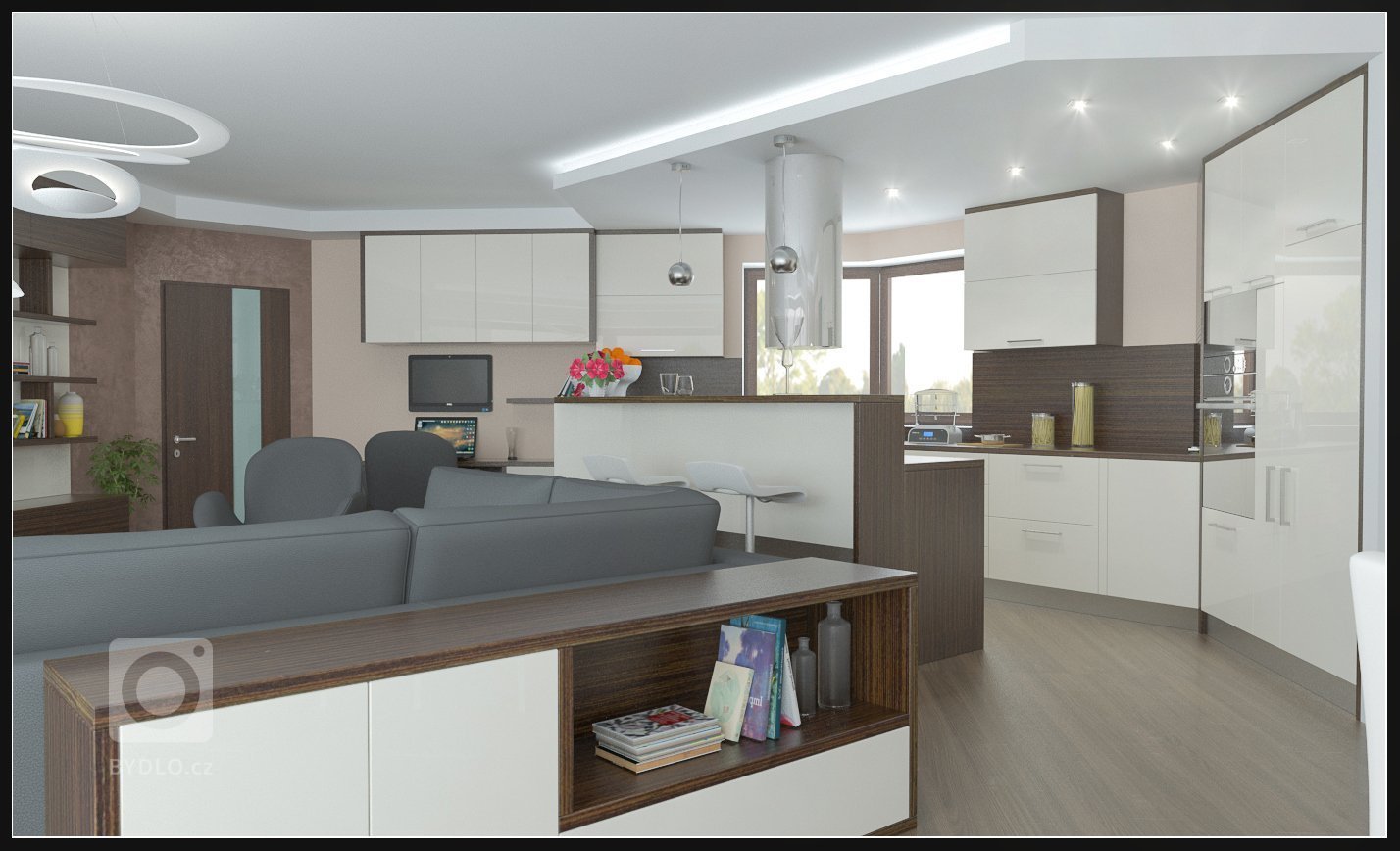 Obývací pokoj v rodinném domě, s atypickou kuchyní do U a pracovnou.
