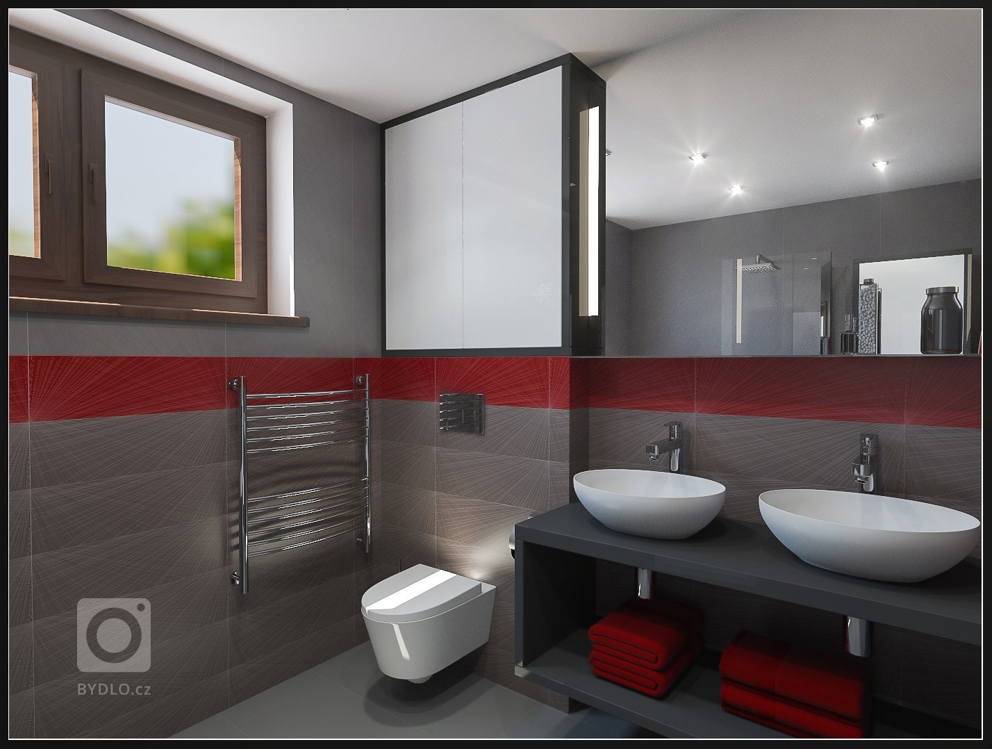 Koupelna je celá obložená šedou velkoformátovou dlažbou, která přispívá k elegantnímu vzhledu i ke snadnému udržování čistoty. 