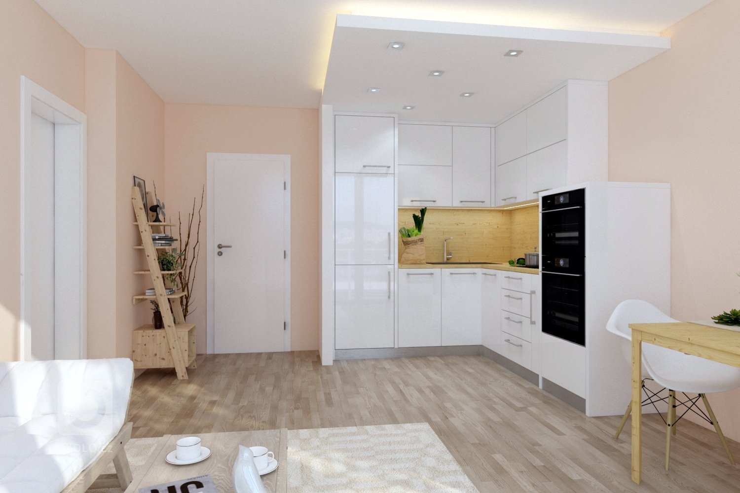 Světlý interiér ve spojení s moderní kuchyní působí velice lehce a vzdušně. Prostor tvoří  tři na sebe navazující  funkční zóny  - kuchyňský kout, jídelní prostor a obývací část. 