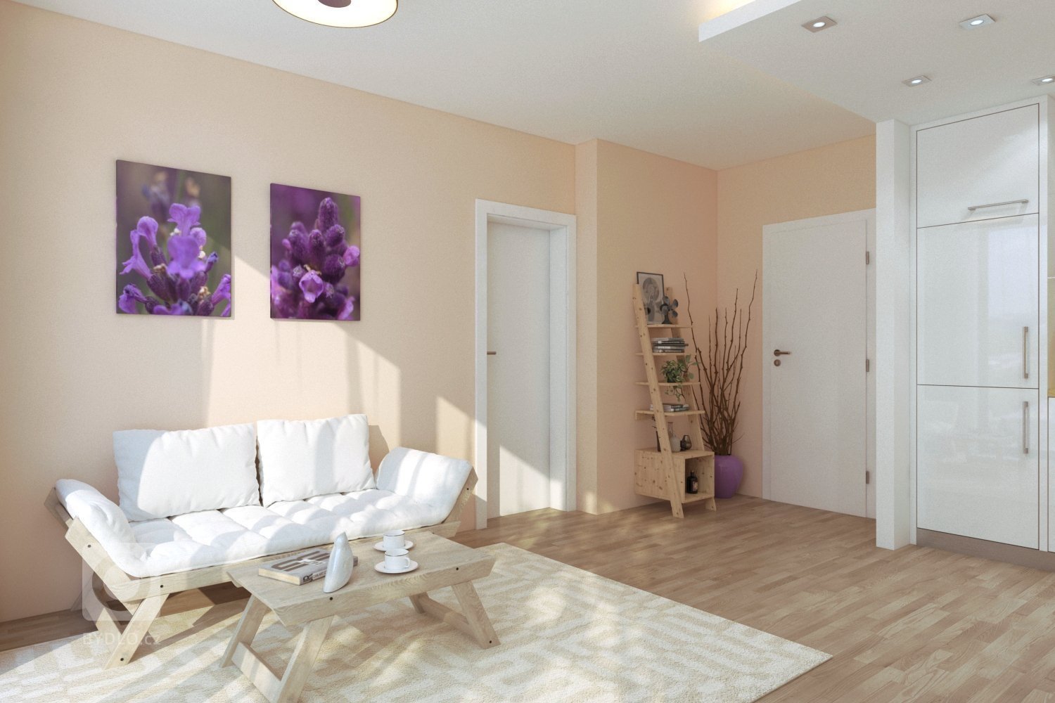 Obývací část s 2-místnou pohovkou v bílé barvě je ideálním místem pro odpočinek. Světlé barvy a správná kombinace atypického nábytku dávají prostoru pohodovou atmosféru. 