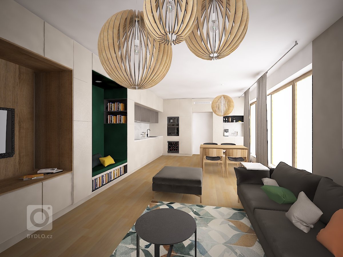 Veškeré vybavení obývacího pokoje jsme umístili do vestavěné stěny, která se táhne po celé šíři místnosti. Do&nbsp;ní jsou vloženy tři jednoduché niky &ndash;…