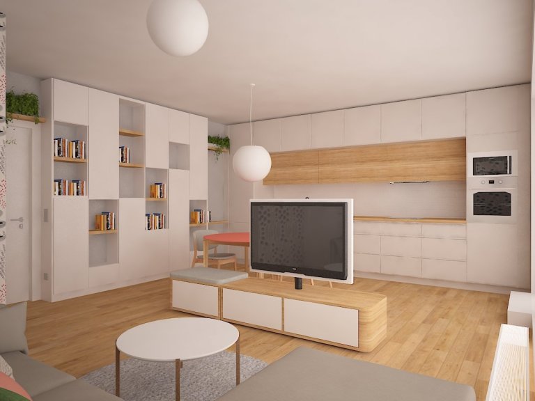 Interiér developerského bytu v Praze. Návrh je kombinací minimalistického ortogonálního přístupu s hravými asytmetrickými prvky. Netradiční je umístění otáčecí…