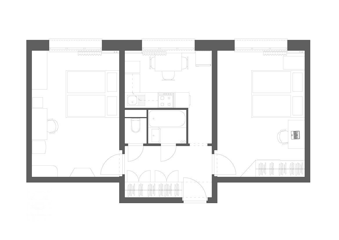 Změna dispozice bytu z 2+1 na 3KK

Koncepce:
- zvětšení prostoru předsíně a jeho prosvětlení přes koupelnu
- zvětšení koupelny
- pracovna/pokoj pro hosty
…