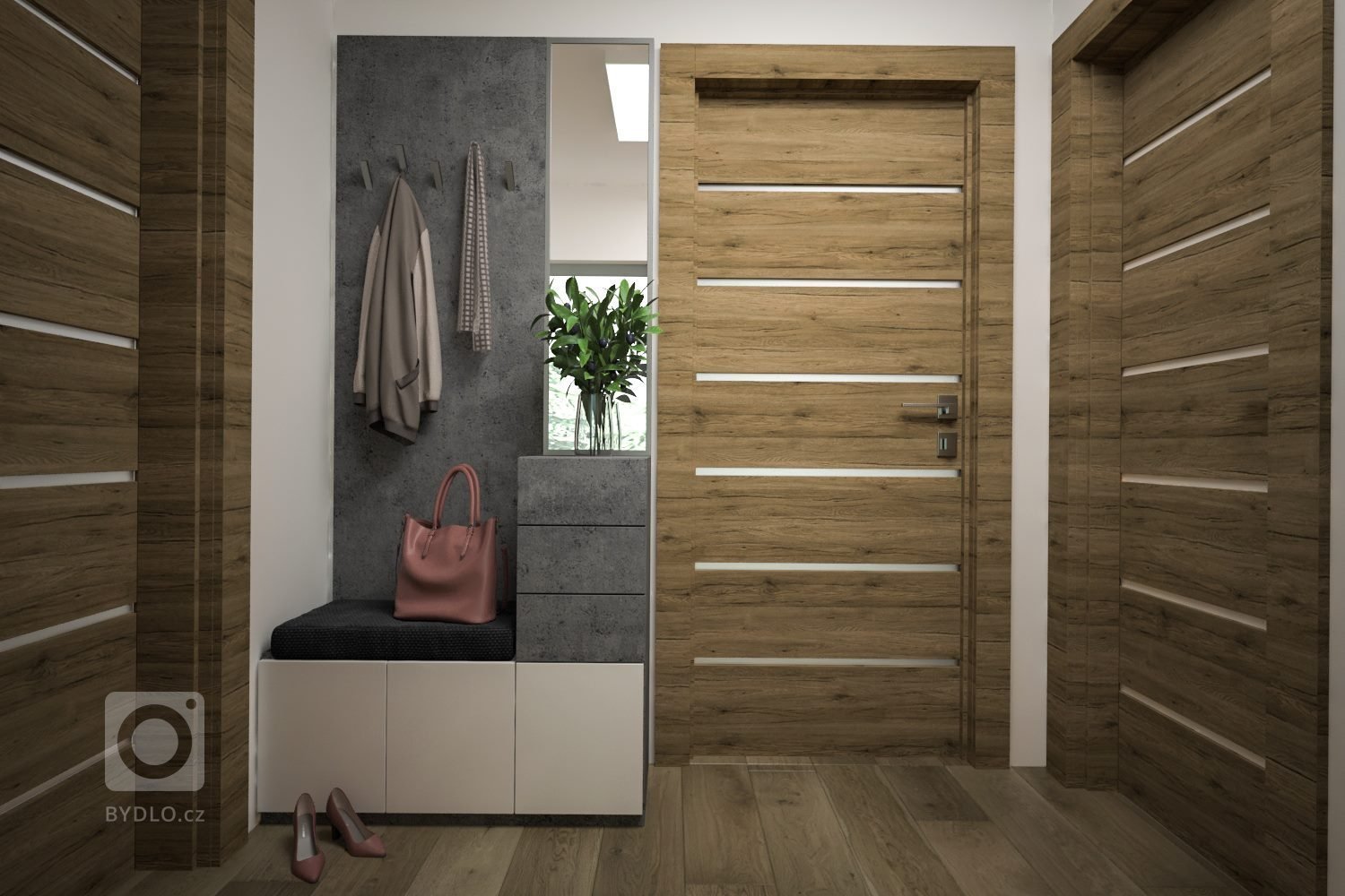 Stuedie interiéru dřevostavby v nehynoucí kombinaci - dřevodekor, beton, bílá. Pokojíčky pro mladé slečny jsou ovšem v jemnějších barevných tónech.
