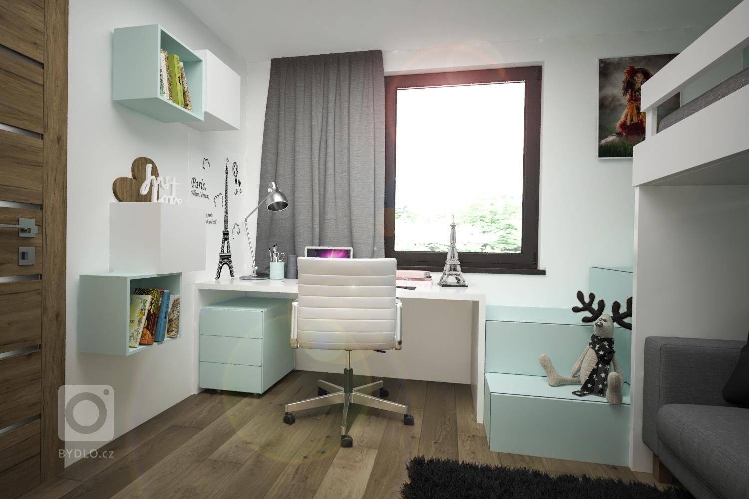 Stuedie interiéru dřevostavby v nehynoucí kombinaci - dřevodekor, beton, bílá. Pokojíčky pro mladé slečny jsou ovšem v jemnějších barevných tónech.
