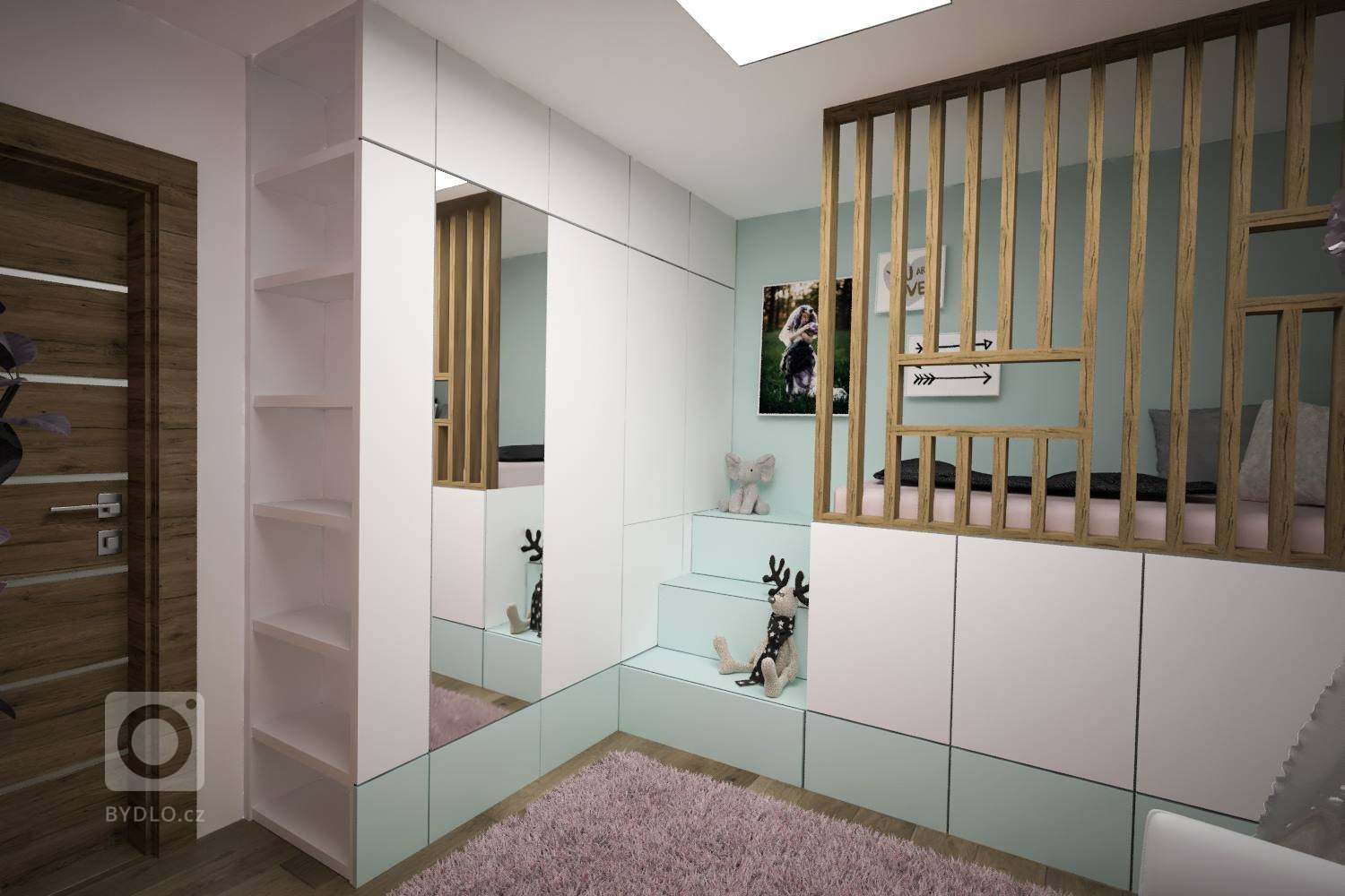 Stuedie interiéru dřevostavby v nehynoucí kombinaci - dřevodekor, beton, bílá. Pokojíčky pro mladé slečny jsou ovšem v jemnějších barevných tónech.
