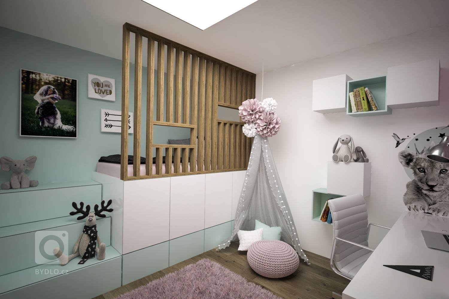 Stuedie interiéru dřevostavby v nehynoucí kombinaci - dřevodekor, beton, bílá. Pokojíčky pro mladé slečny jsou ovšem v jemnějších barevných tónech.
