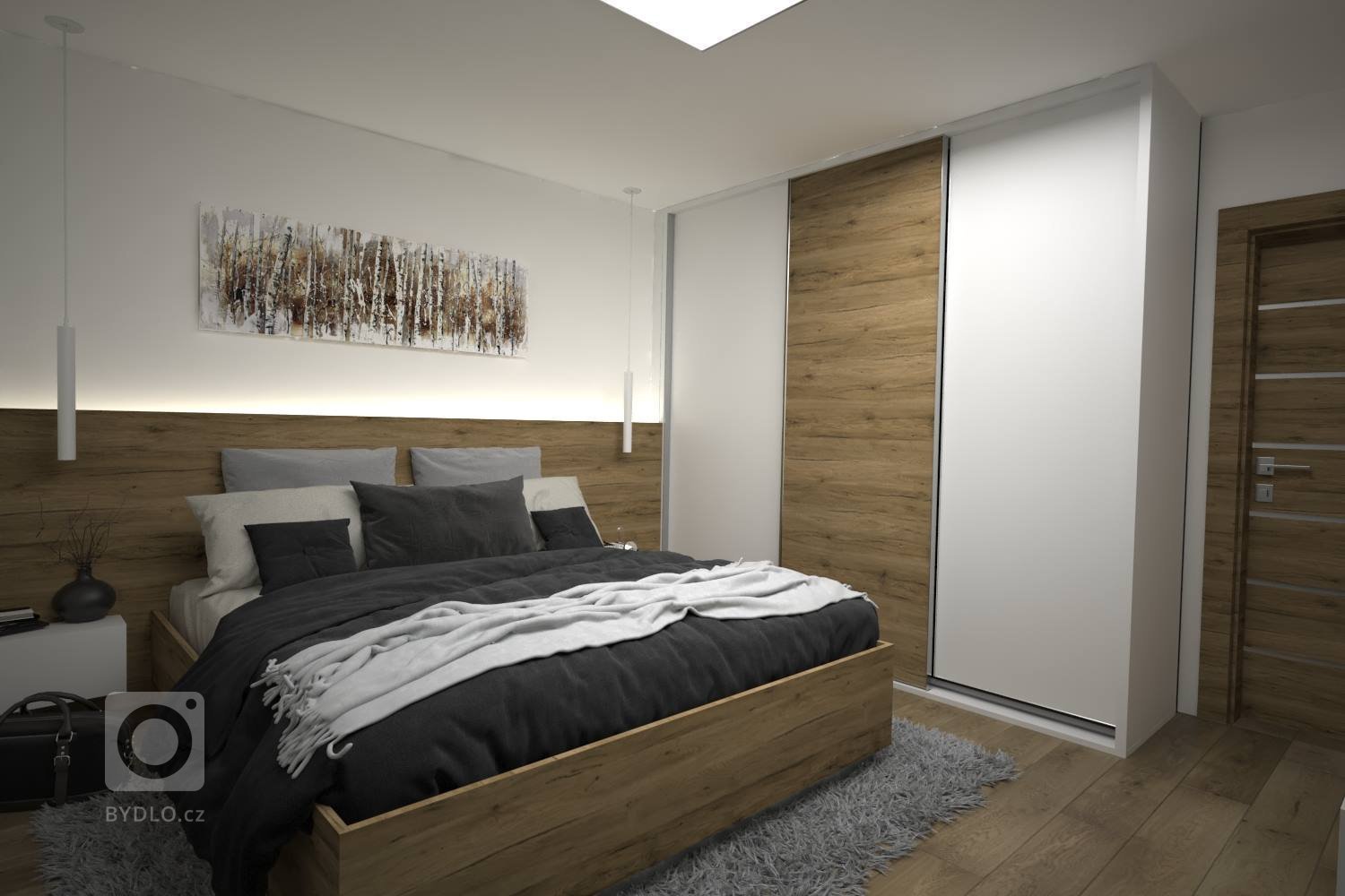 Stuedie interiéru dřevostavby v nehynoucí kombinaci - dřevodekor, beton, bílá. Pokojíčky pro mladé slečny jsou ovšem v jemnějších barevných tónech.
