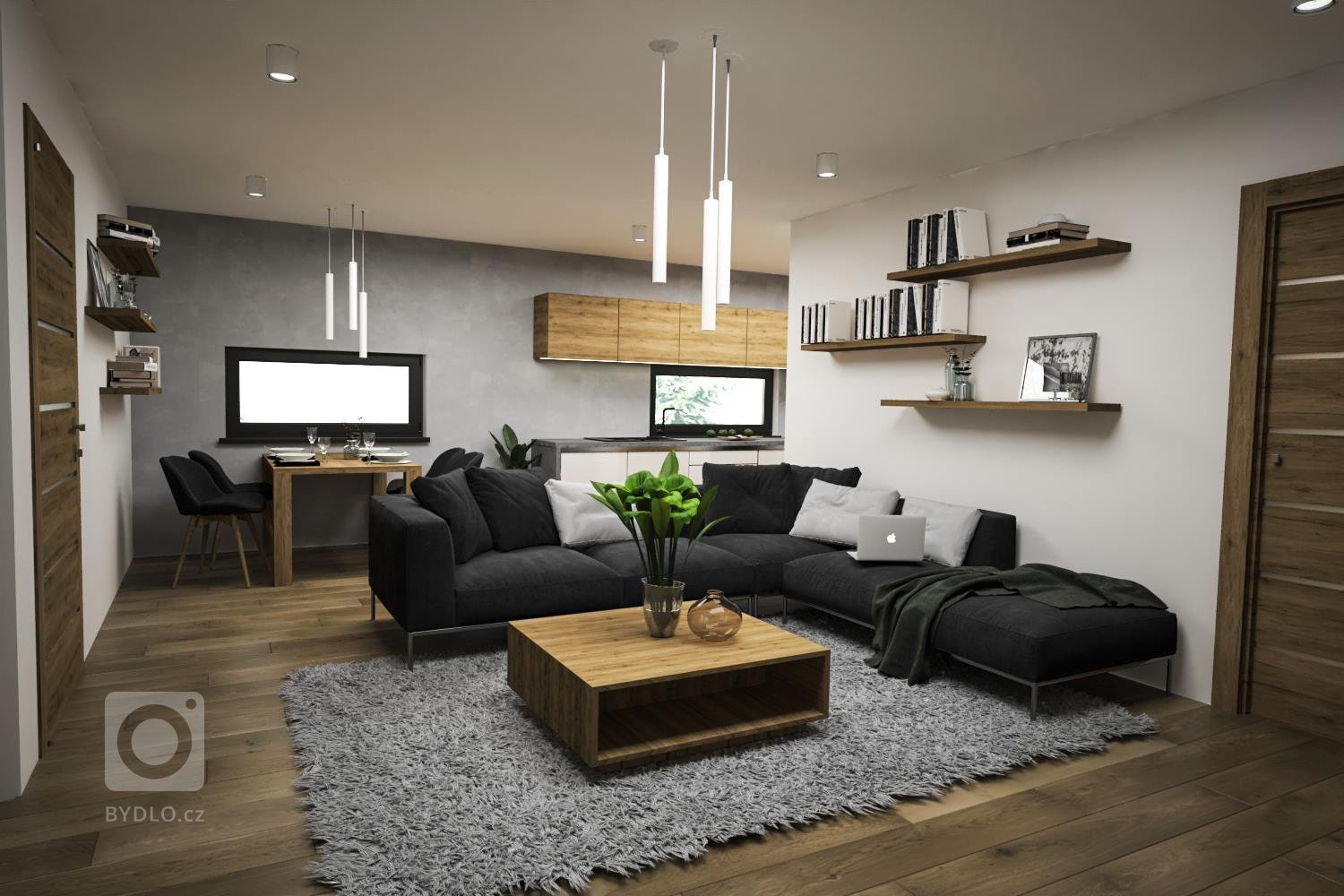 Stuedie interiéru dřevostavby v nehynoucí kombinaci - dřevodekor, beton, bílá. Pokojíčky pro mladé slečny jsou ovšem v jemnějších barevných tónech.
