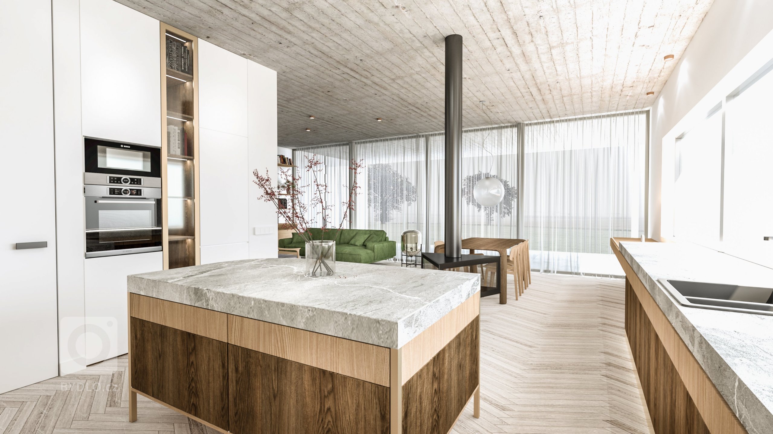 Minimalistický interiér v prírodných odtieňoch.