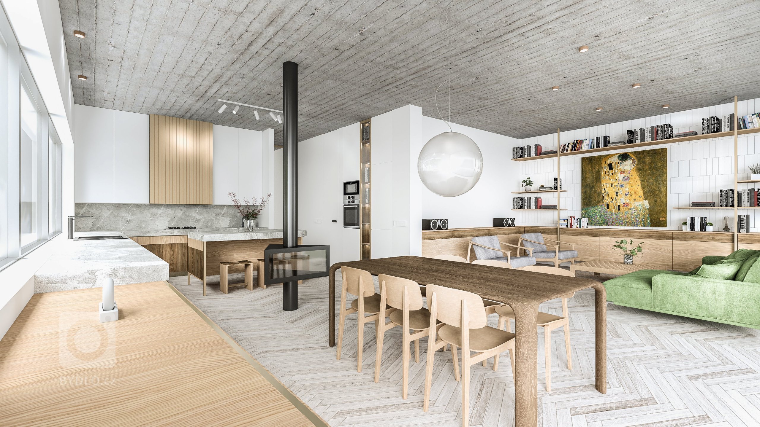 Minimalistický interiér v prírodných odtieňoch.