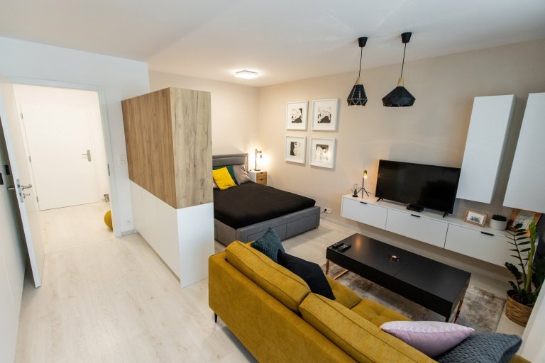 Apartmán v developerskom projekte Malé Krasňany, ktorý poníma obývaciu izbu, spálňu, aj kuchyňu v jednom priestore, no napriek tomu je táto realizácia krásna a…