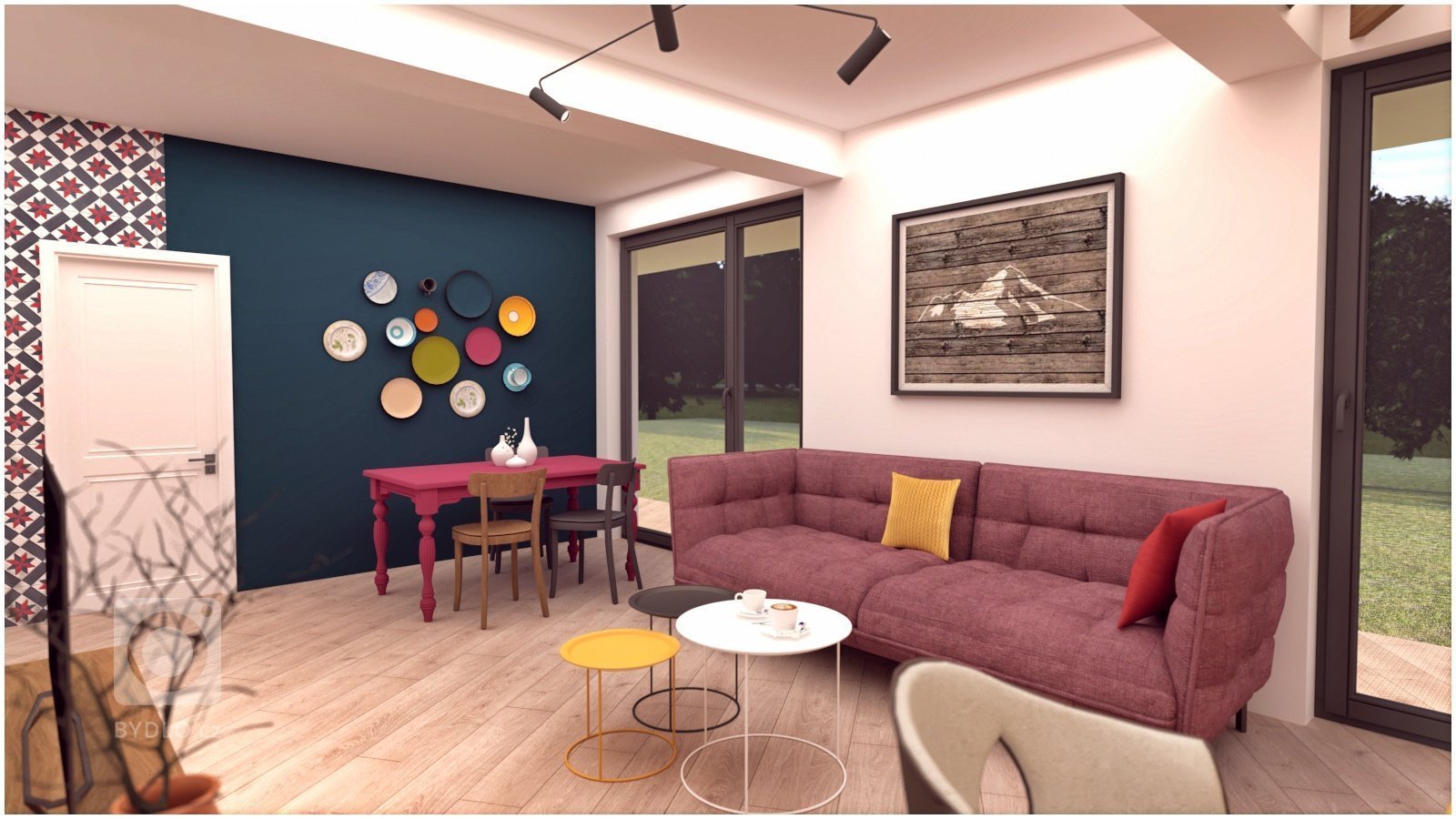 Snažili sme sa vytvoriť farebne pestrý interiér, plný hravých a zaujímavých detailov, ktoré Vás ako dúfame milo prekvapia ( šikmo uložená podlaha, lampa…