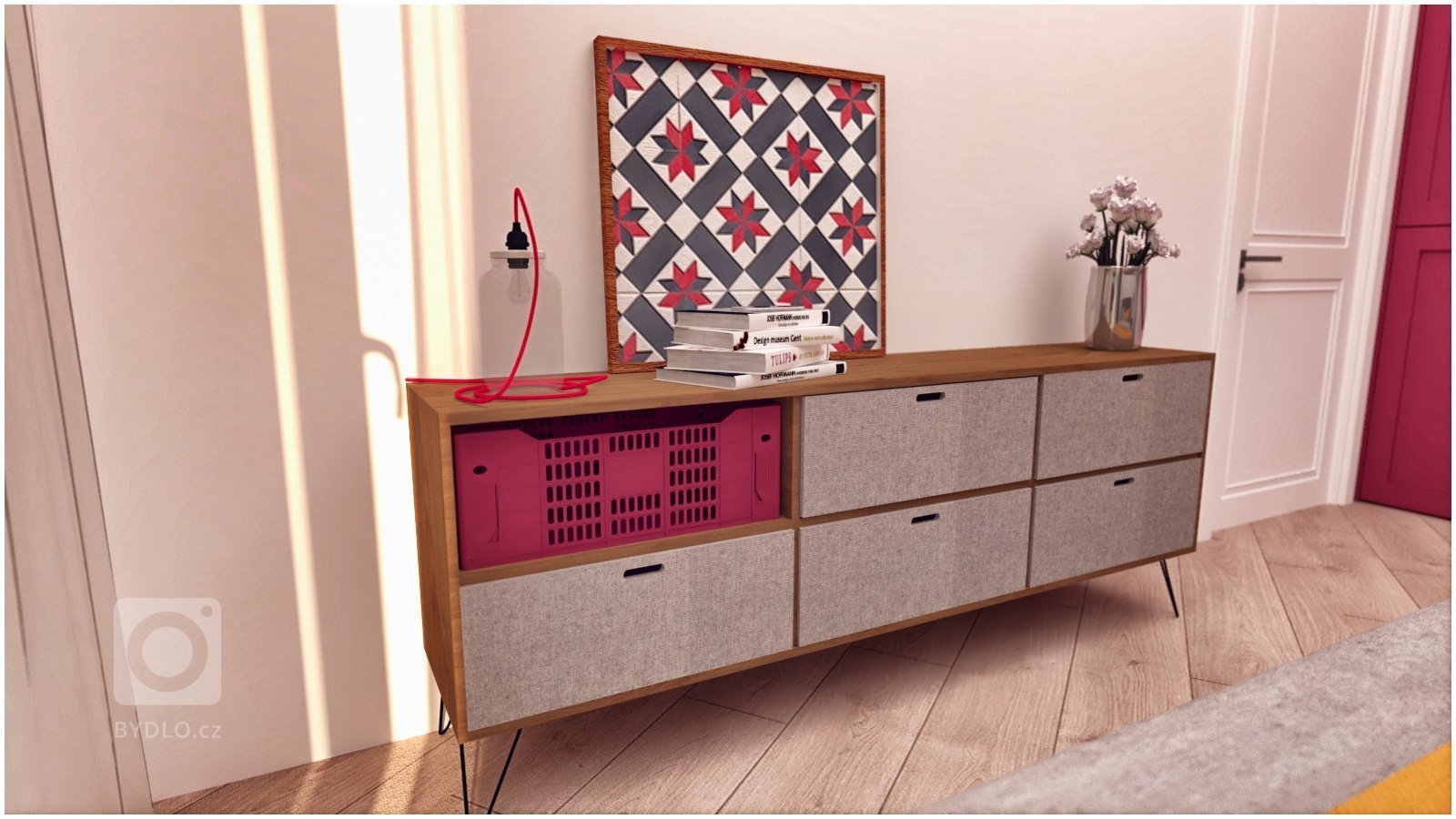 Snažili sme sa vytvoriť farebne pestrý interiér, plný hravých a zaujímavých detailov, ktoré Vás ako dúfame milo prekvapia ( šikmo uložená podlaha, lampa…