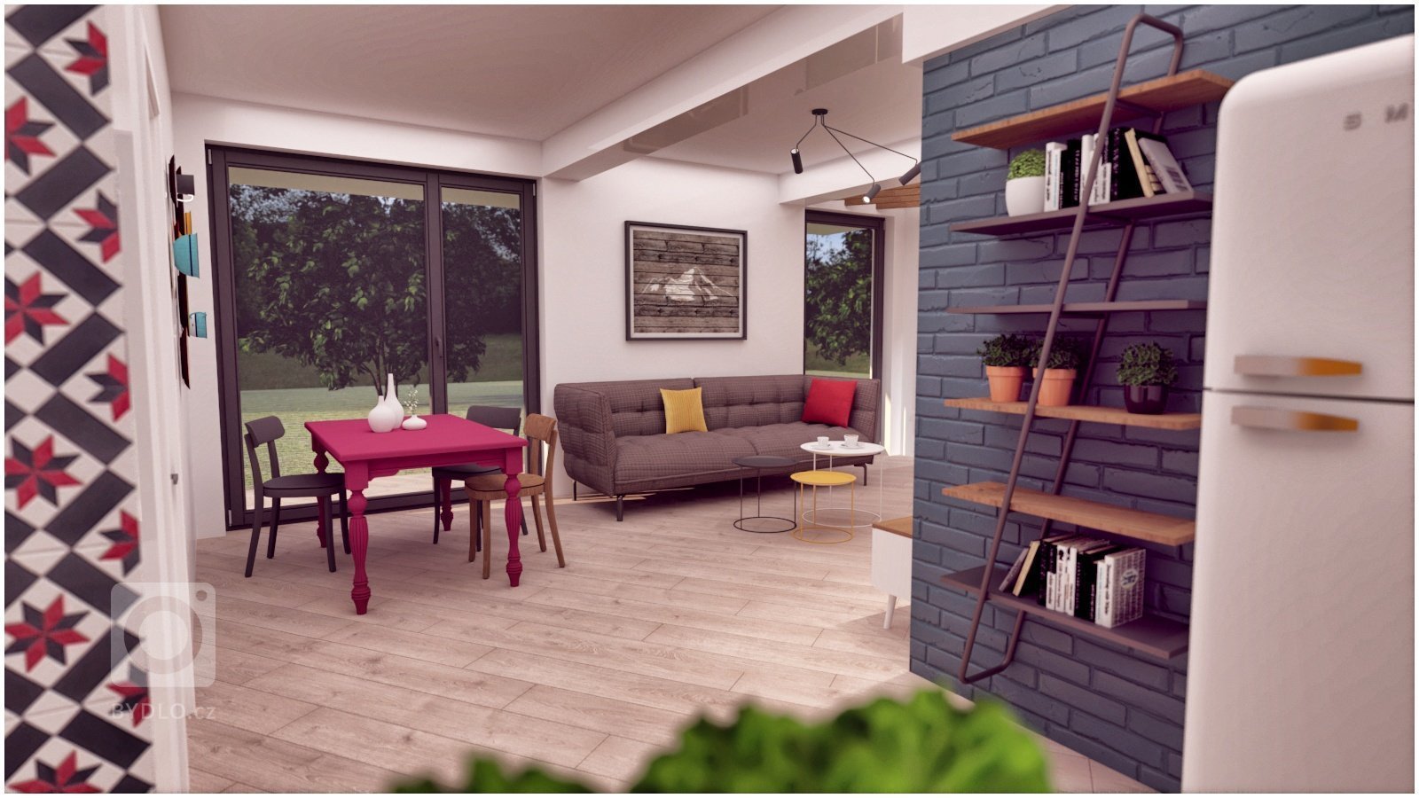 Snažili sme sa vytvoriť farebne pestrý interiér, plný hravých a zaujímavých detailov, ktoré Vás ako dúfame milo prekvapia ( šikmo uložená podlaha, lampa…