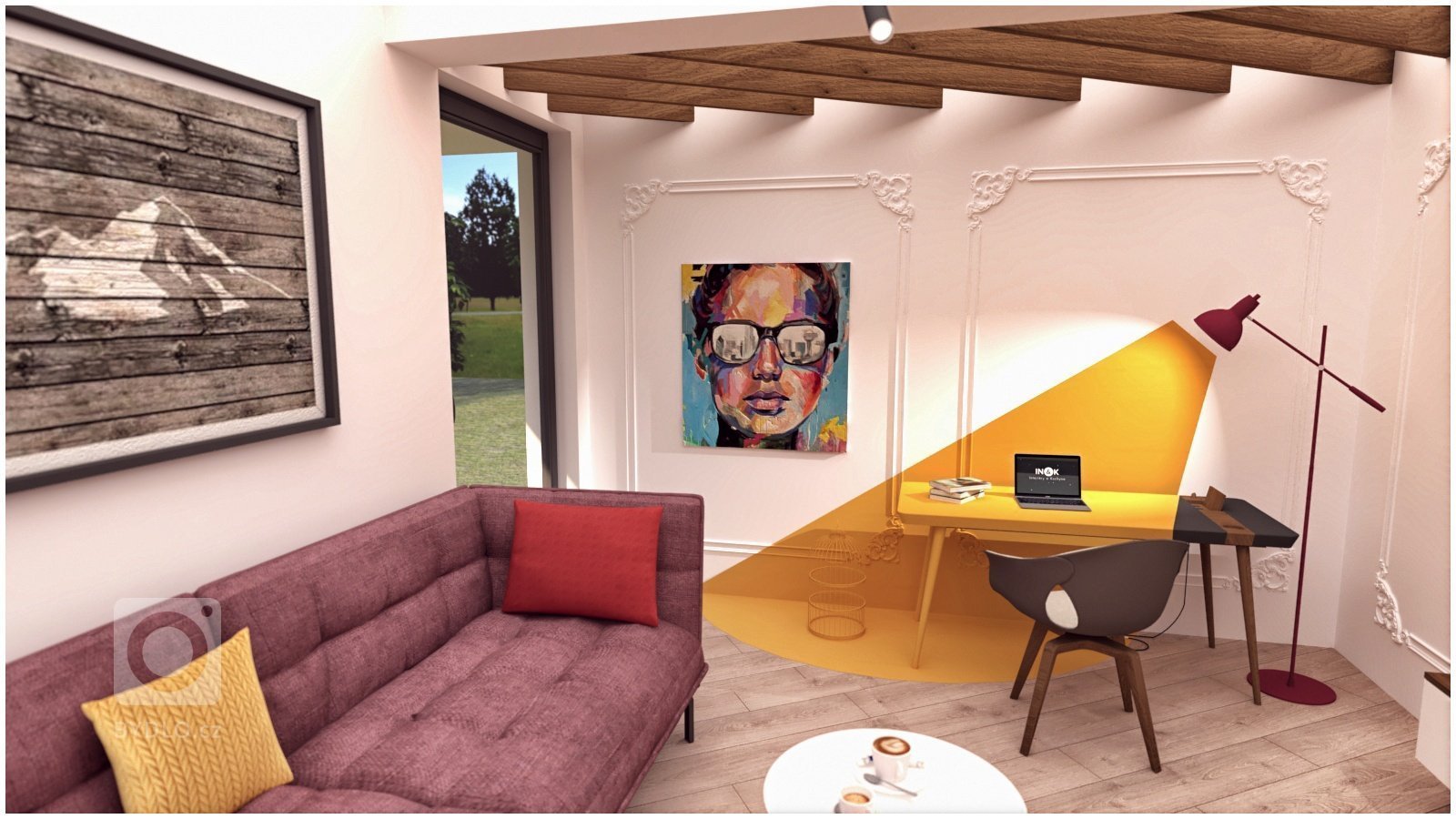 Snažili sme sa vytvoriť farebne pestrý interiér, plný hravých a zaujímavých detailov, ktoré Vás ako dúfame milo prekvapia ( šikmo uložená podlaha, lampa…