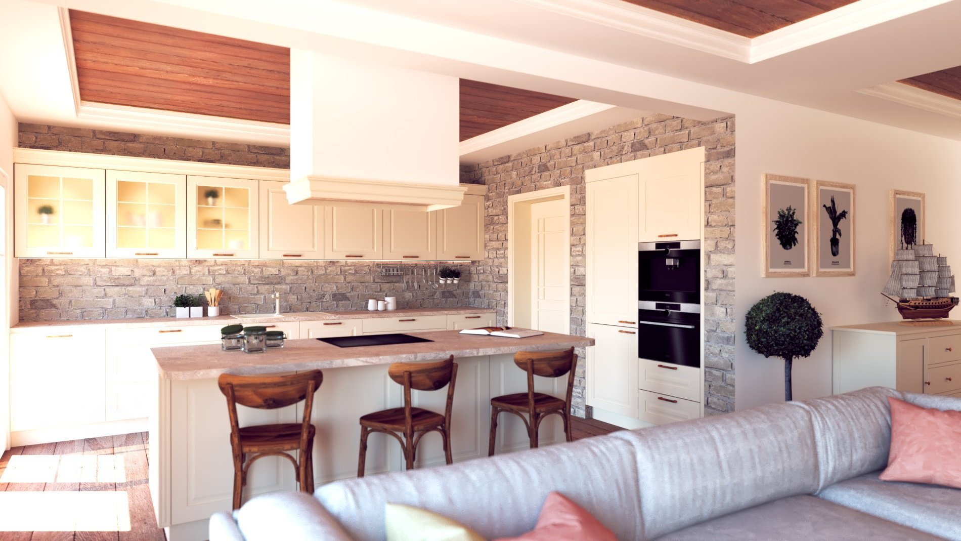 Návrh interiéru v príjemnom a dopmácky pôsobiacom vidiecko
