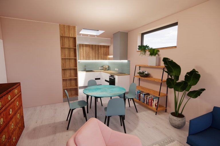 Jídelní část a kuchyně - pod vysoko položené okno jsme umístili policovou komodu